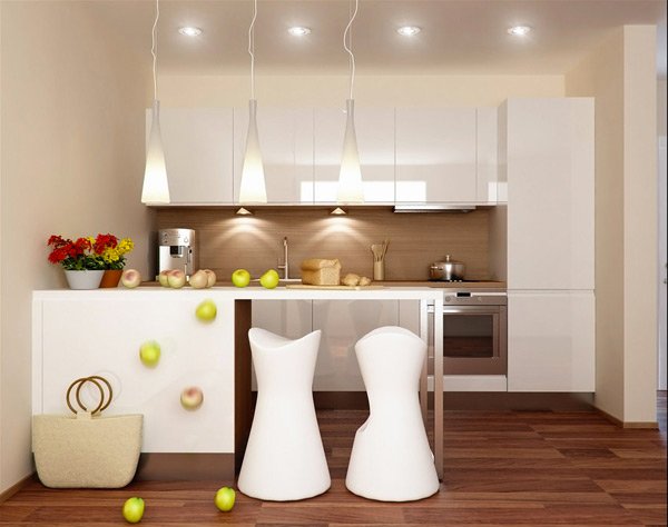 آشپزخانه ای با کابینت سفید براق و کفپوش چوبی